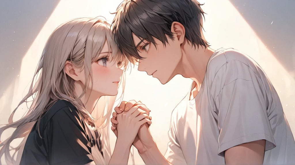 男女が手を繋いでいる。