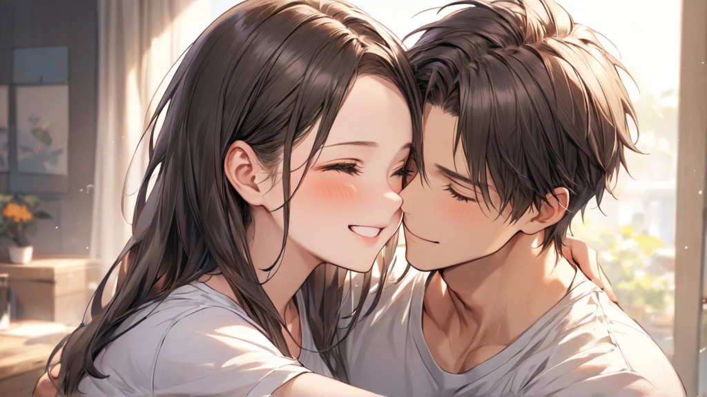 カップルが仲良く寄り添っている。