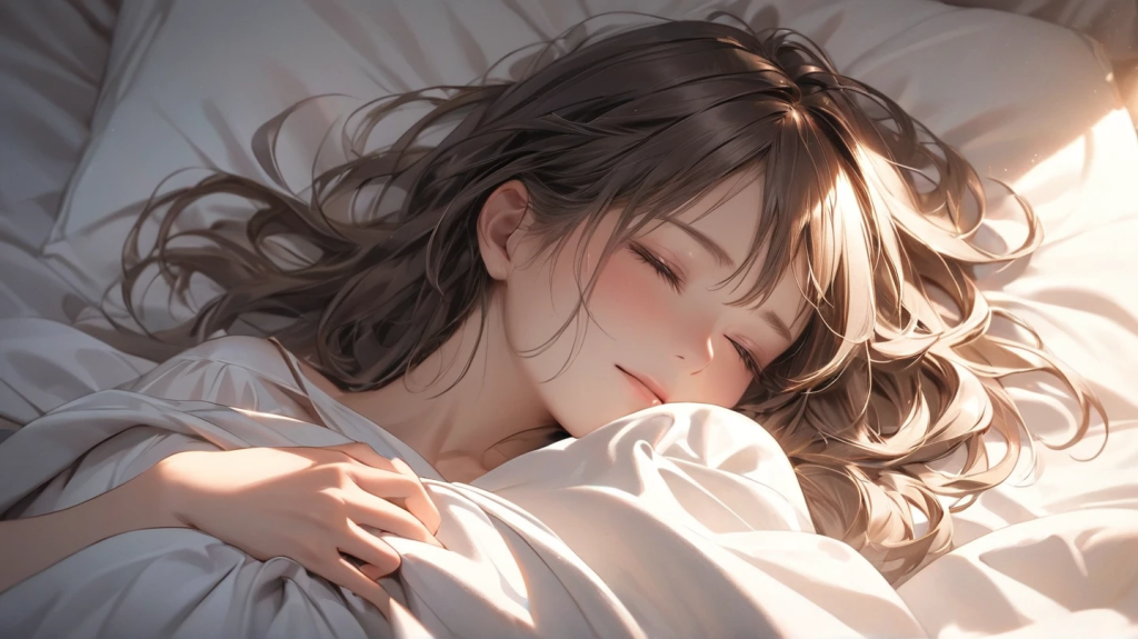 女性が朝日を感じて起きようとしている。