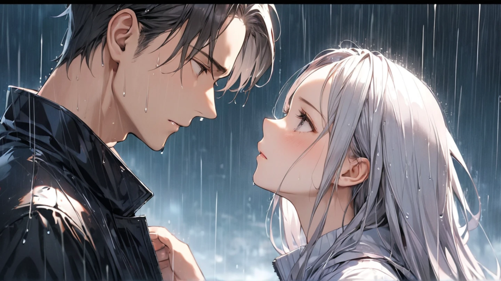 雨の中安全を確認してほっとする男女。