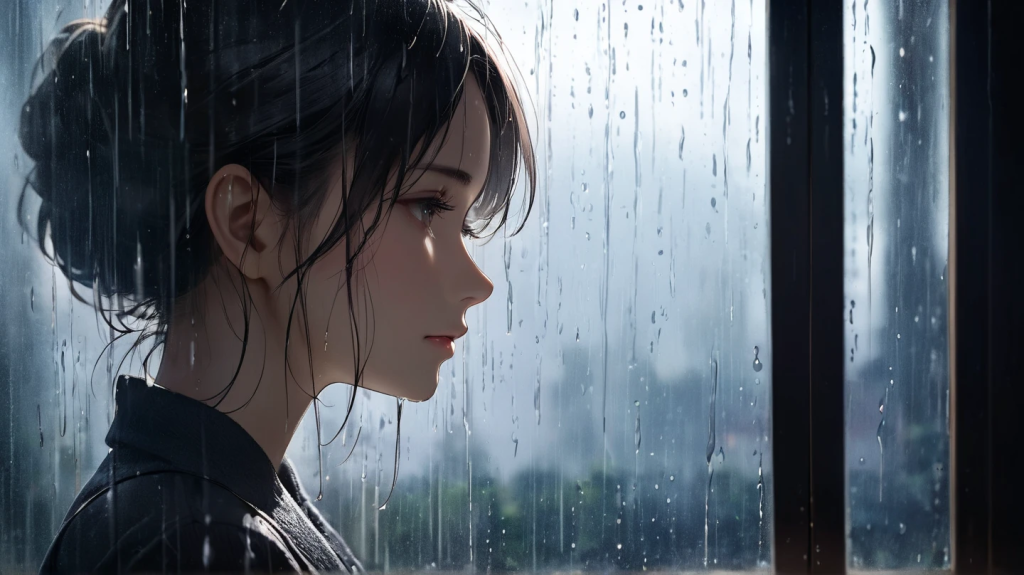雨の中絶望する女性。