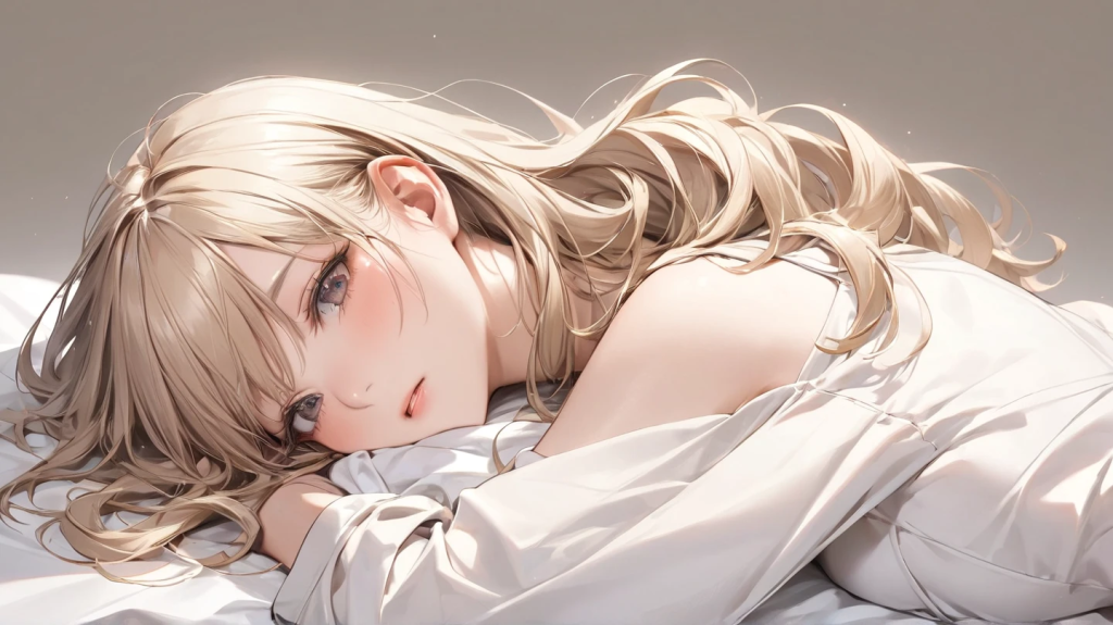 疲れて一人ゴロゴロしている女性。
